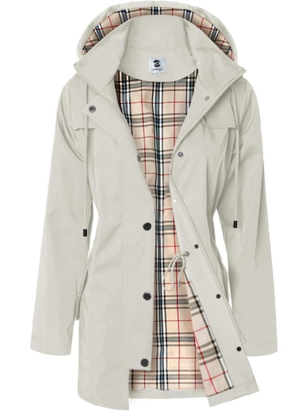 Women's Beige Hooded Plaid Lined Waterproof Drawstring Windbreaker Rain Coat